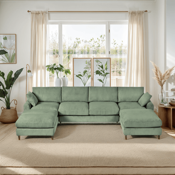 Modern corduroy modular section sofa, U - shaped convertible L - shaped sofa set with pillow, oversized sectional sofa with footstool, suitable for living room, attic, apartment, Olive Green 6 seat - Darktower Media