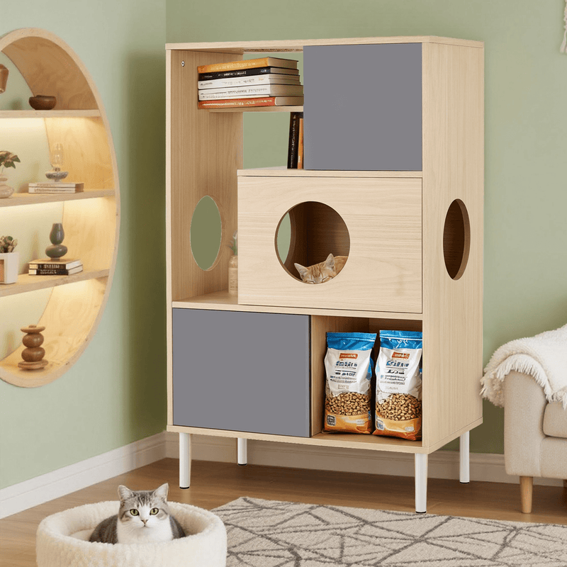 2 IN 1 Modern Cat Tree & Side Cabinet with Storage, Small Wood Bookcase with Litter Box Enclosure, Cat Climbing Cabinet with Hidden Storage - Darktower Media