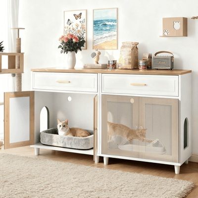 2-Piece Cat Litter Box Enclosure Furniture, 3-IN-1 Hidden Litter Box & Side Cabinet with Scratching Doors, Charging Station,  Drawer, Cat Friendly Modern Side Cabinet with Cat Hole