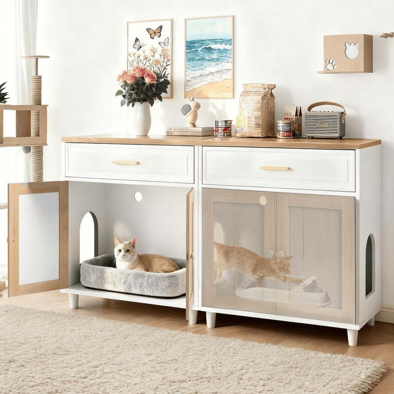 2 - Piece Cat Litter Box Enclosure Furniture, 3 - IN - 1 Hidden Litter Box & Side Cabinet with Scratching Doors, Charging Station, Drawer, Cat Friendly Modern Side Cabinet with Cat Hole - Darktower Media