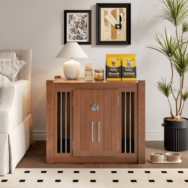 30.25'L, 2 in 1 Night Stand with Storage & Dog Crate, Luxury Wooden Side Table Dog Kennel, End of Bed Bench Ottoman with Removable Cushion for Bedroom, Living Room, Walnut - Darktower Media