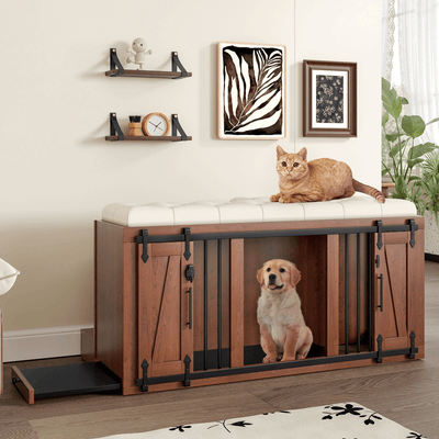 56 Inch Walnut Two In One Dog Crate With Padded Seat And End Of Bed Ottoman