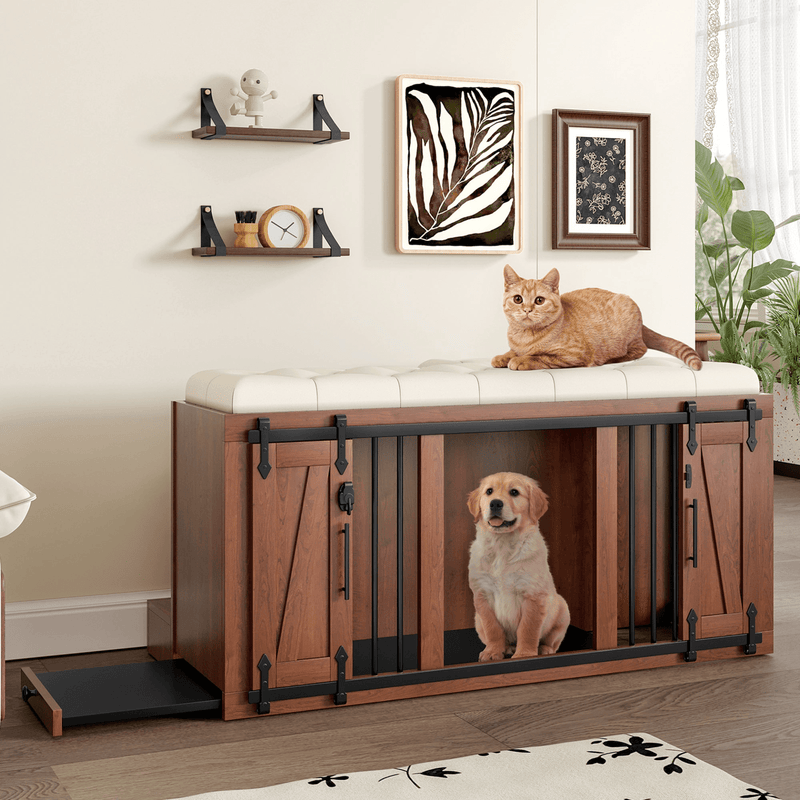 56 Inch Walnut Two In One Dog Crate With Padded Seat And End Of Bed Ottoman - Darktower Media