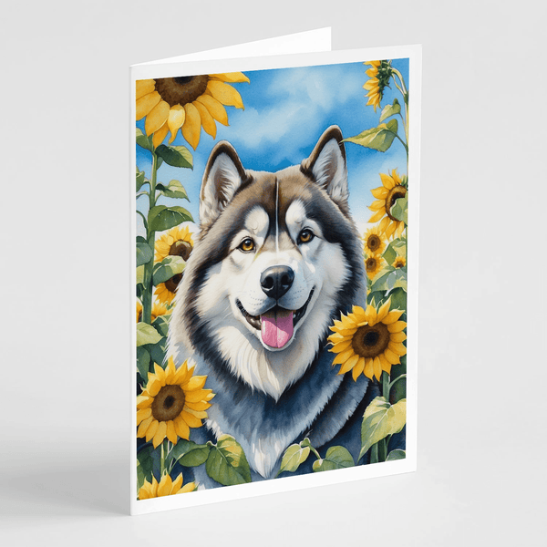 Alaskan Malamute in Sunflowers Greeting Cards Pack of 8 - Darktower Media