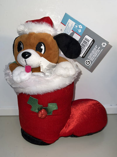 ANIMATED CHRISTMAS PUPPY IN STOCKING GEMMY PLAYS SANTA CLAUS IS COMING TO TOWN