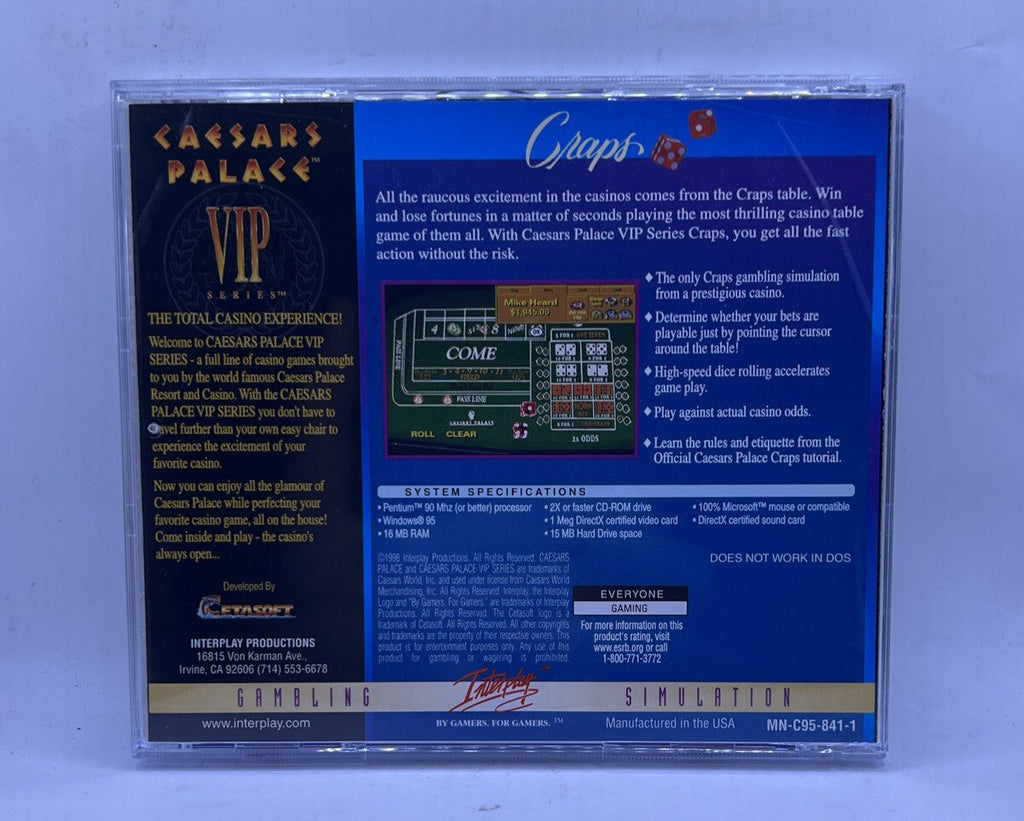 Caesars Palace VIP Series Craps PC CD ROM Win 95 Gambling Simulator Game - Darktower Media