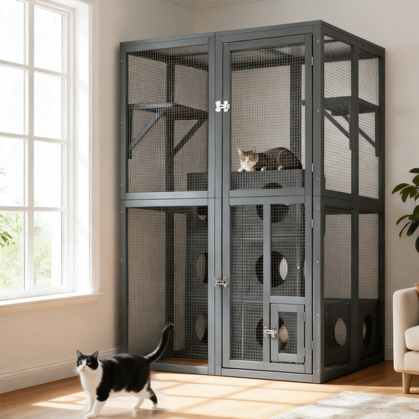 Catio Outdoor Cat Enclosure with Double Enter Doors, Grey Climbing shelves, Weatherproof Pine Wood Playground with 7 Freely Combination Wood Boxes - Darktower Media