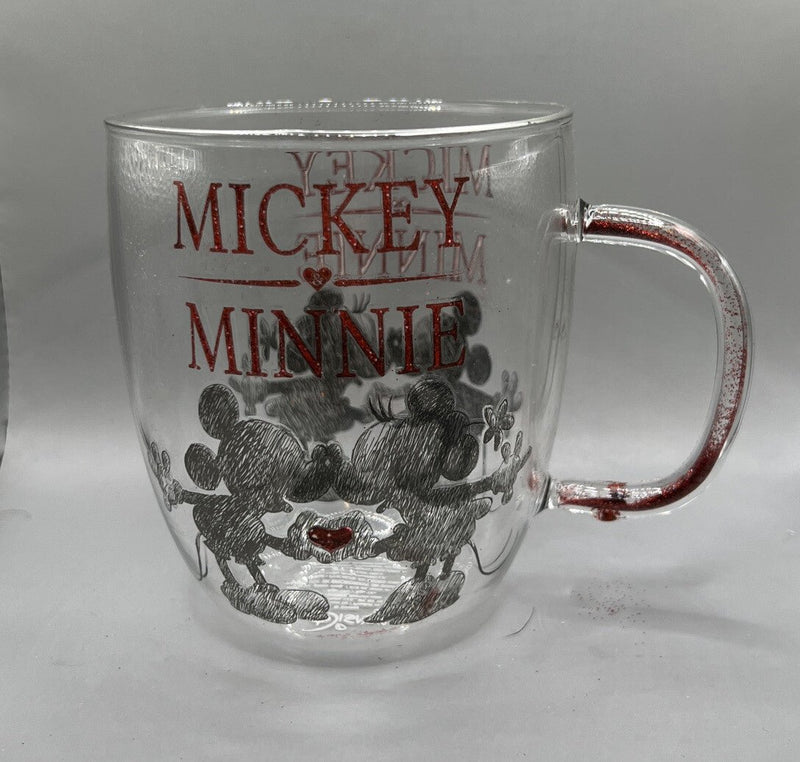 Disney Mickey and Minnie Mouse Heart Hands 14oz Glitter Handle Glass Mug Clear - Darktower Media