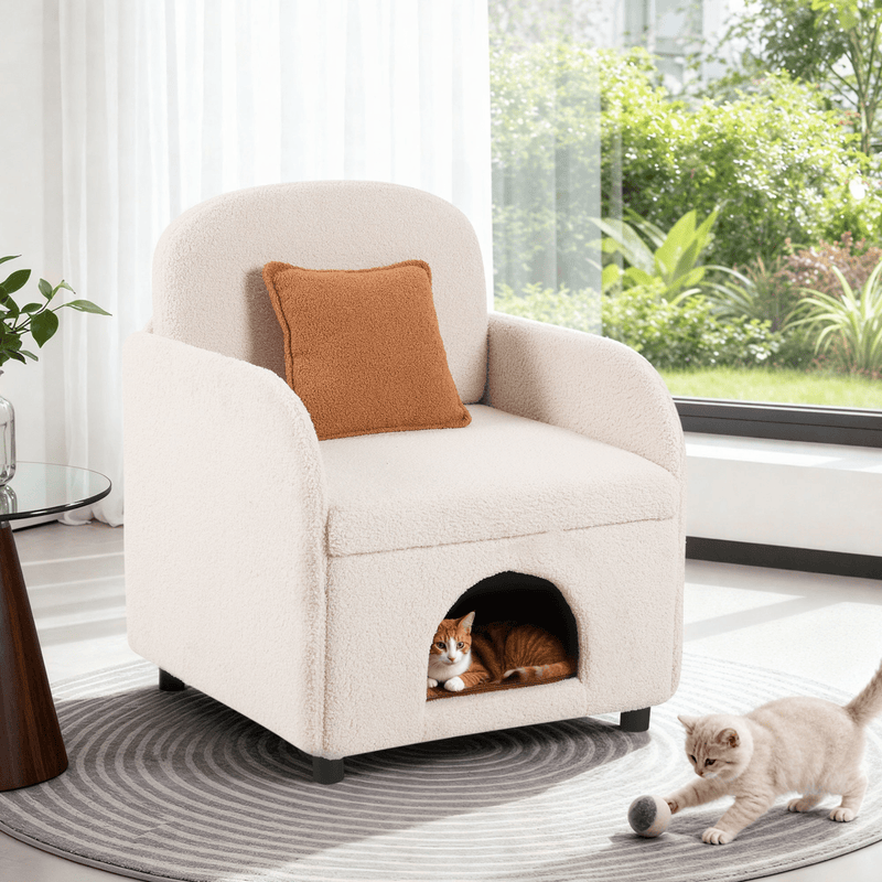 Furniture Style 2 in 1 Pet Friendly Fluffy Fabric Sherpa Upholstered Leisure Armchair with Lumbar Pillow for Living Room Bedroom Home and Office, Cream White - Darktower Media