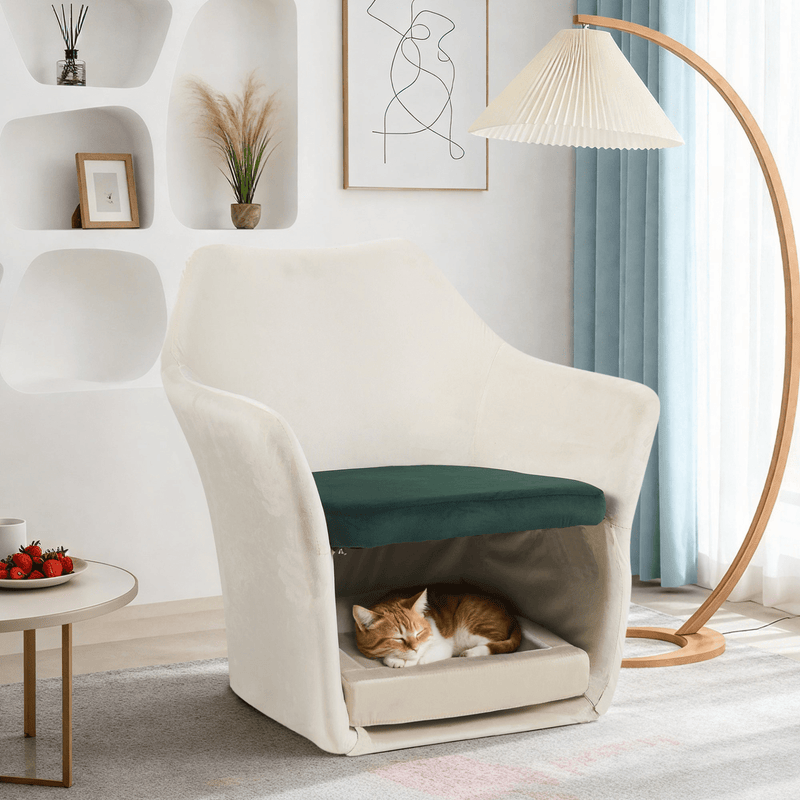 Furniture Style 2 in 1 Pet Friendly Mid Century Modern Accent Chair Soft Fabric Upholstered Leisure Armchair for Living Room Bedroom Home and Office, White - Darktower Media
