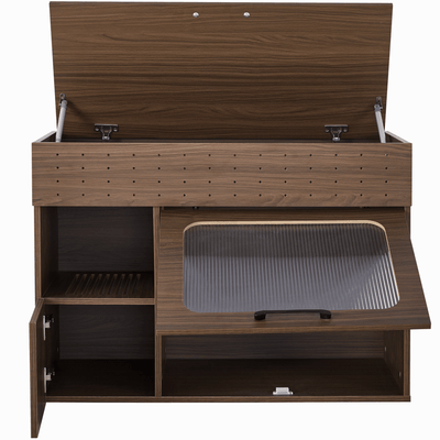 Furniture Style Multi-use Cat Litter Box House with Storage Walnut Particle Board MDF