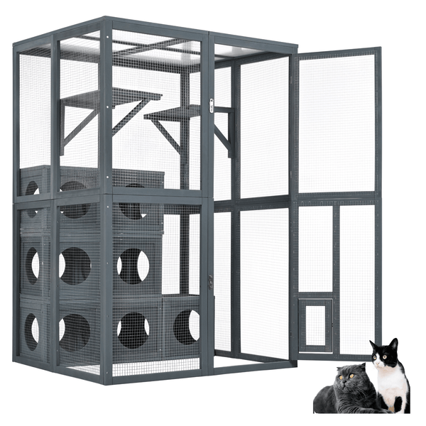 Grey Pine Wood Outdoor Cat House with Shelves and Weather Protection, Removable Wood Boxes - Darktower Media