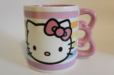 Hello Kitty Sanrio Ceramic Coffee Mug Bow Handle Rainbow Stripes 20 oz