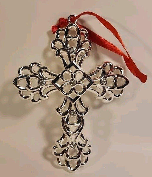 LENOX Sparkle And Scroll Crystal Silver Plated Cross Christmas Ornament 4.75