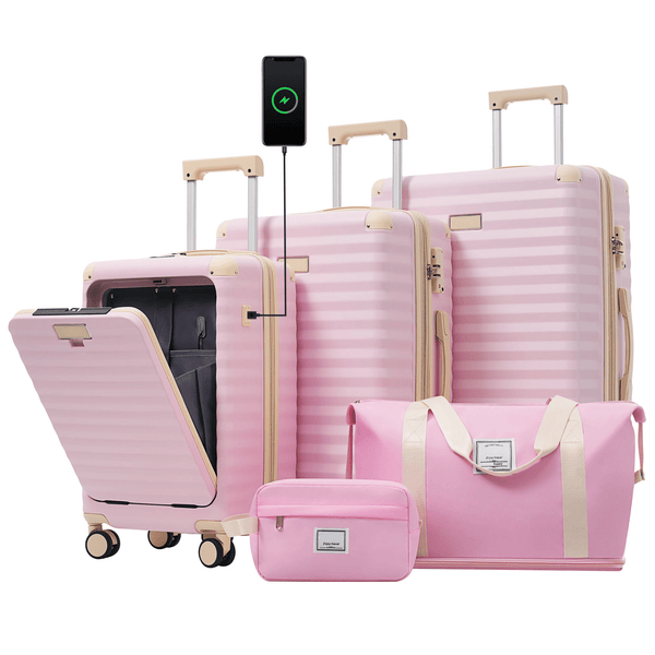 Luggage Sets 5 Piece with Front Opening , Hardside Expandable Carry on Suitcase with Spinner Wheels TSA Lock USB Port Cup Holder Duffel Bag and Toiletry Bag - Darktower Media