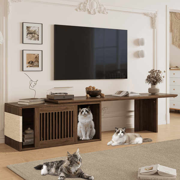 Mid - Century Modern 2 in 1 Cat Furniture 78' Extendable Walnut TV Stand (up to 100'), Entertainment Center Litter Box Enclosure with Cat Scratcher - Darktower Media