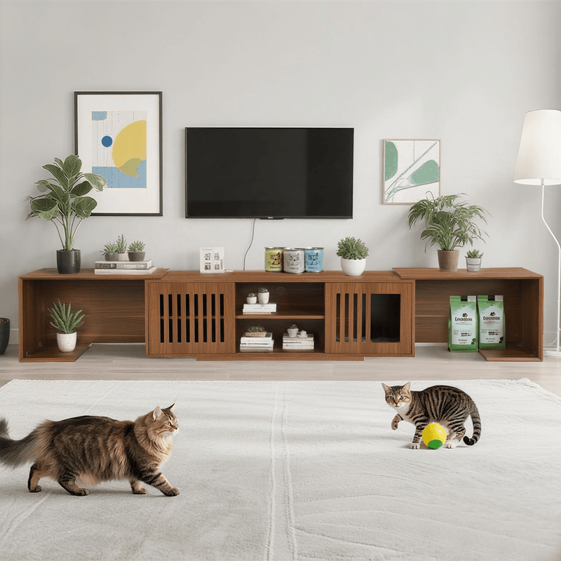 Mid - Century Modern 54.3' Extendable TV Stand (up to 100') with Cat House & Litter Box Enclosure – Walnut Wood Entertainment Center, Sliding Doors, Hidden Pet Furniture - Darktower Media