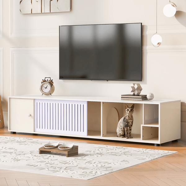 Modern Cream White TV Stand with Storage, Cat Litter Box Enclosure with Removable Sliding Door - Darktower Media