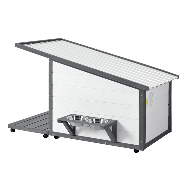 Modern Design Outdoor Dog House with Food Bowl and Wheels, Grey Pine, 44.1 x 22.1 x 28.8 inches - Darktower Media