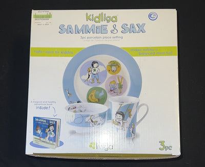 new RARE Set Of 4 Livliga PORCELAIN PLATE BOWL MUG + BOOK Kidliga SAMMIE & SAX