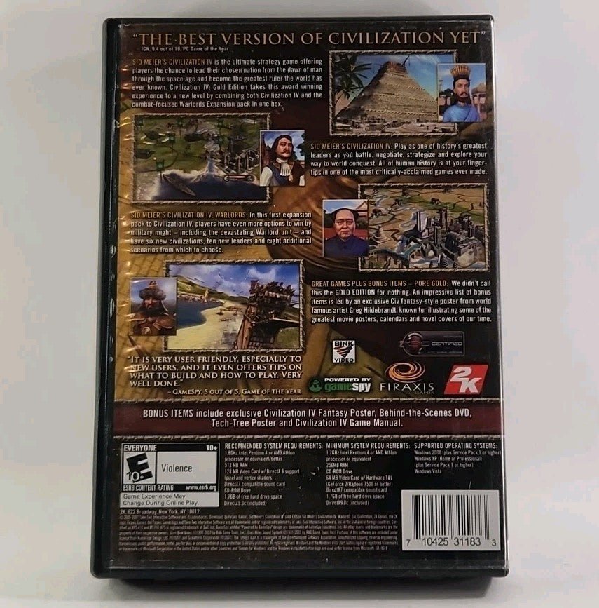 Sid Meier's Civilization IV: Gold Ed. PC CD 2007 Win Vista 4 - discs/Poster w14388 - Darktower Media