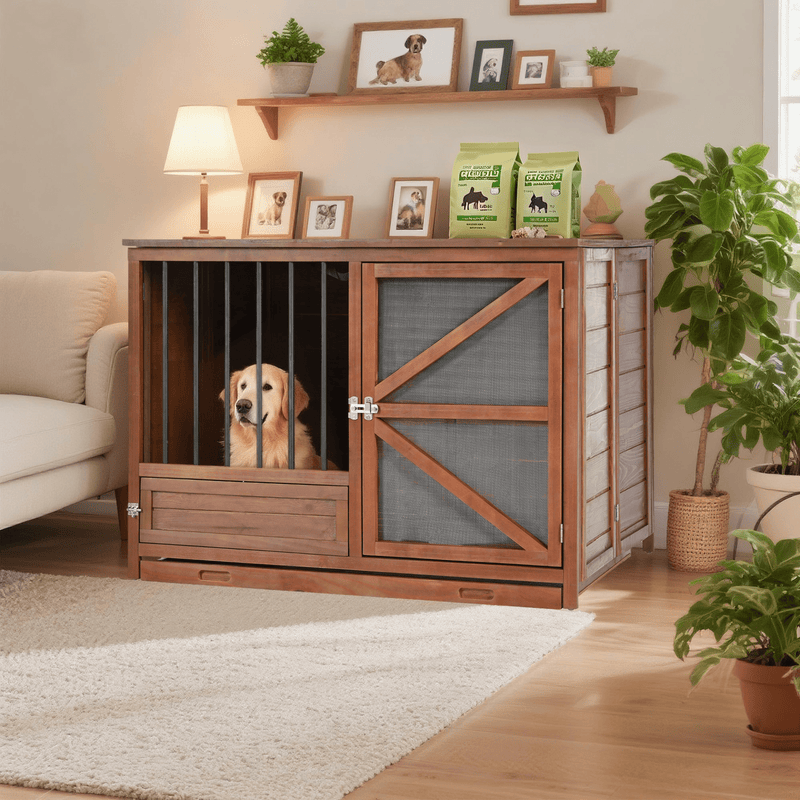 Solid Wood Foldable Dog Crate Furniture with 360° Rotating Feeder and Removable Tray - Darktower Media