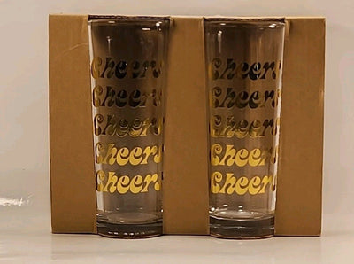 Tall Cheers Glass Set For 2- 12 oz NIB Gold Letters Gs1 2066