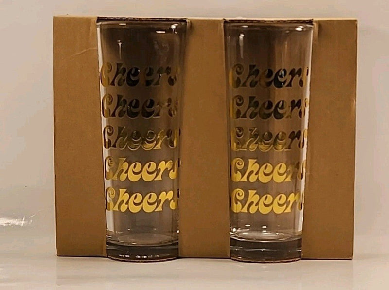 Tall Cheers Glass Set For 2 - 12 oz NIB Gold Letters Gs1 2066 - Darktower Media