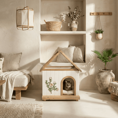 Transparent Roof Pet House With Floral Carving FSC Cedar For Cats And Small Dogs