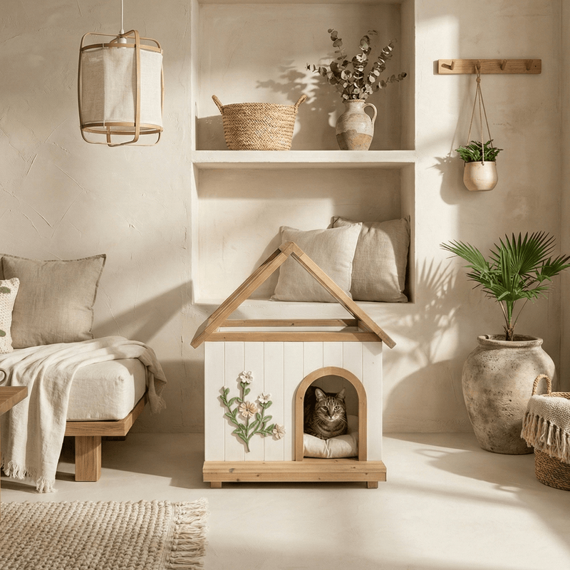 Transparent Roof Pet House With Floral Carving FSC Cedar For Cats And Small Dogs - Darktower Media