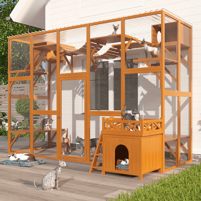 Weatherproof Catio Outdoor Cat Enclosure, Outdoor Cat house, Natural Wood Playground, Natural Cat Shelf with Litter Box - Darktower Media